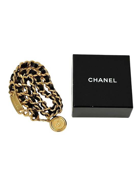 Chanel Belt Cambon Leather Chain Gold Black Logo Plate CC Thick main image 5